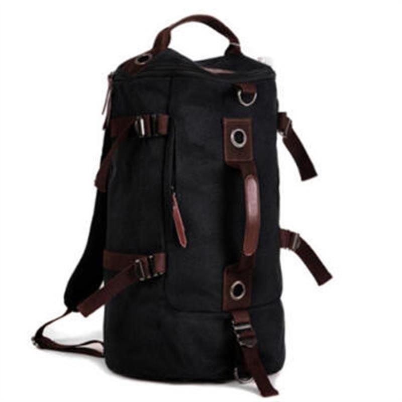 帆布雙肩包復古純色男士時尚黑色口袋商務健身夜光大量斜挎包學院情侶迷彩款帆布雙肩 皮質黑色